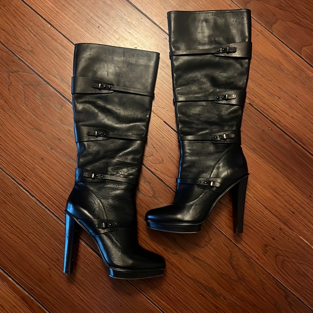 Black leather BCBGMAXAZRIA knee high platform boots